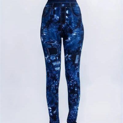 Fashion Blue Women Denim Print Leggings Sporty High Waist Stretch Slim Fit New