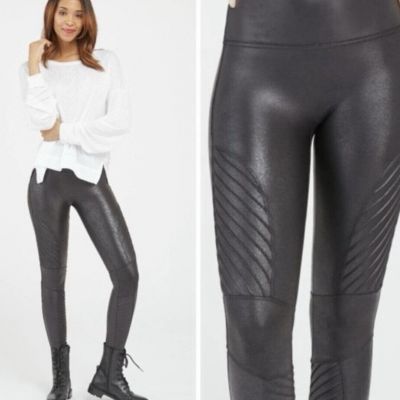 Spanx Faux Leather Sheen Shine Moto Black Leggings L