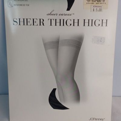 Sheer Caress Thigh High Nylon Stockings Size Queen Off Black Reinforced Toe