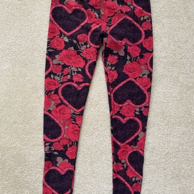 Lularoe Valentines Day Leggings OS Red Hearts Roses Black Preowned Excellent