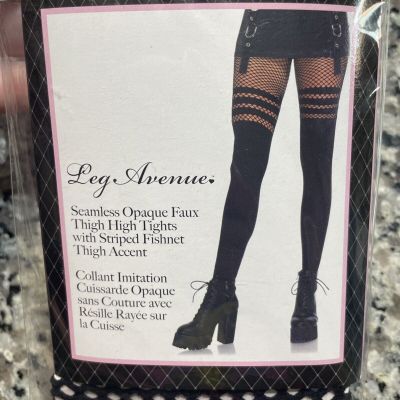 Dolls Kill Leg Avenue Seamless Opaque Faux Thigh High Tights W/ Stripped Accent