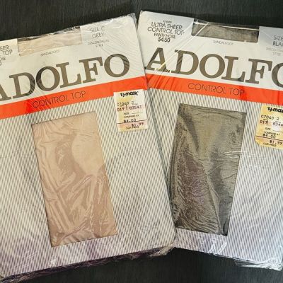 VTG Adolfo Pantyhose Ultra Sheer Control Top Black|Grey Pantyhose Size C 2 PACK