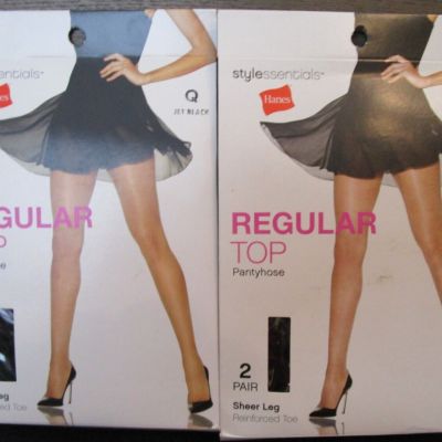 4 Pairs Hanes Style Essentials Regular Top Pantyhose Jet Black Size Q - NEW NIP