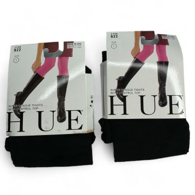 Hue Women’s Black Super Opaque Tights W/ Control Top 2 Pair Pack Size 1 NWT