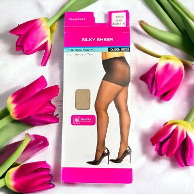 Gildan Silky Sheer Control Beige Nylon Spanex Pantyhose Queen Reinforced Toe