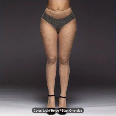 Women's One Size Light Beige Rhinestone Fishnet Stockings Pantyhose Hosiery