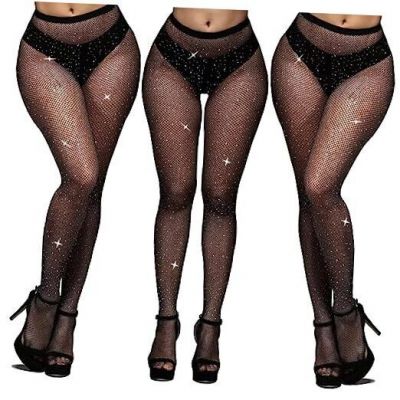 3 Pack Ladies Fishnet Tights High Waist Fishnet One Size Rhinestone Black