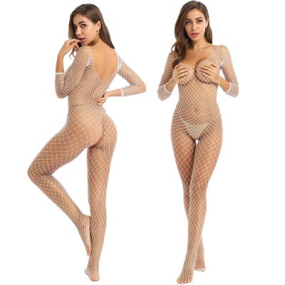 Women's Hollow Out Fishnet Long Sleeves Crotchless Lingerie Bodysuit Nightwear