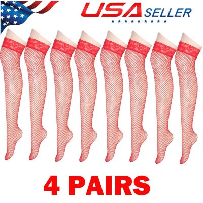 4Pair Red Women Stockings Lace Mesh High Thigh Fishnet Sexy Long Pantyhose USA