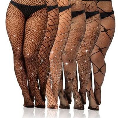 Geyoga 6 Pair Plus Size Rhinestone Fishnets Stockings Glitter Sparkly Tights