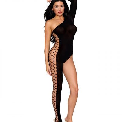 SEMI SHEER BLACK BODYSTOCKING WITH FENCE NET SIDE DETAIL