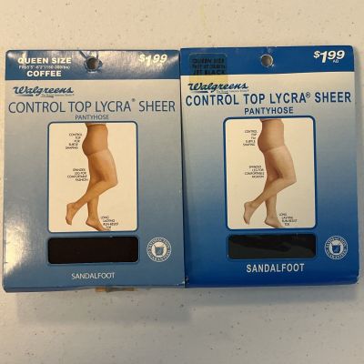 NOS Walgreens Control Top Pantyhose Queen 150lb - 200lb Coffee Jet Black 2 Pairs