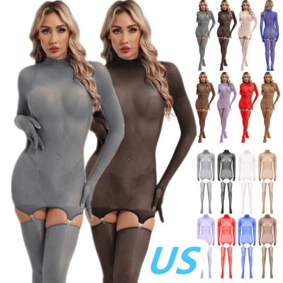 US Women's See Through Full-body Bodysuit Gloved Sleeve Tights Bodystockings