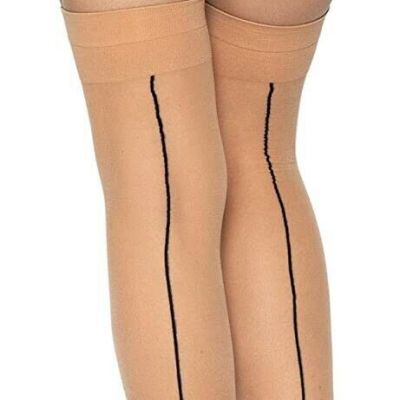 Leg Avenue Black Nude Back Seam Cuban Heel Wide Banded Top Thigh High Stockings