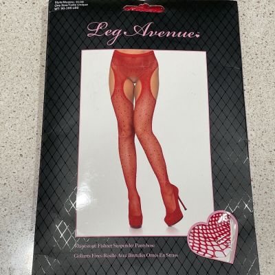 Red Fishnet SUSPENDER PANTYHOSE LEG AVENUE Rhinestone Hose Valentines