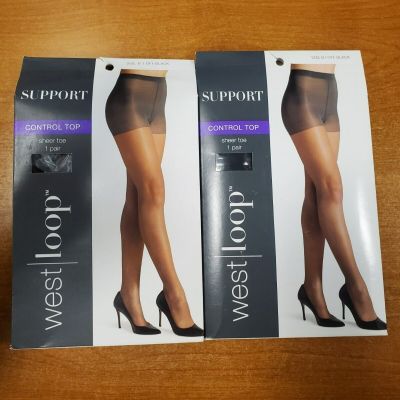 2 Pairs: West Loop Sheer Control Top Sheer Toe Pantyhose Size B Off Black R6P1