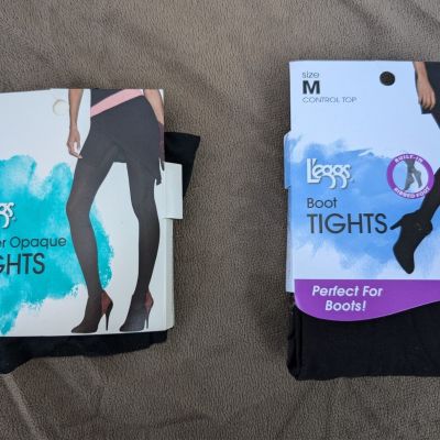 LOT LEGGS TIGHTS Boot Foot Super Control Top Opaque Nos New Woman M Medium Black