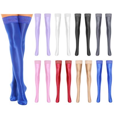 Womens Glossy Lace Trim Stockings Sexy Stretchy Thighs High Long Socks Pantyhose