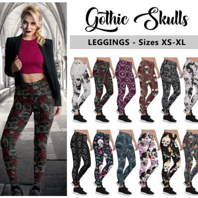 Gothic Skulls Leggings #1 - Dark Goth Roses Halloween Rock Star Fashion Leggings