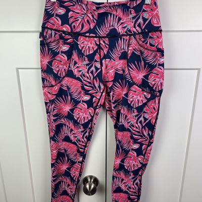 Simply Southern Leggings SMALL Pink Blue Palm Tree Leaves Tropical Pockets