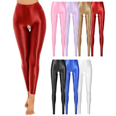 Women Oil Shiny Glossy Solid Color Yoga Pants Elastic Waistband Workout Leggings