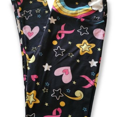 Lularoe Breast Cancer OS Leggings Bright Rainbow Ribbon Hearts Stars Black NWOT!