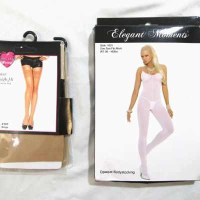 Elegant Moments Opaque White Bodystocking & Sheer Thigh High 90-160lbs. Lot of 2