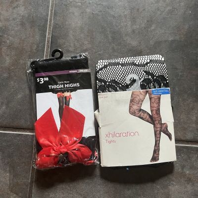 Ladies Stockings Thigh Highs Black W Red Bow ? And Fishnet Black Stockings