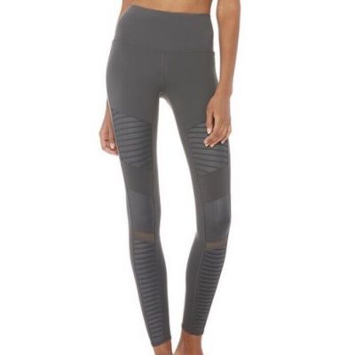 $118 ALO Yoga High Waist Moto Matte Shine Leggings Biker Metallic Grey XS (2-4)