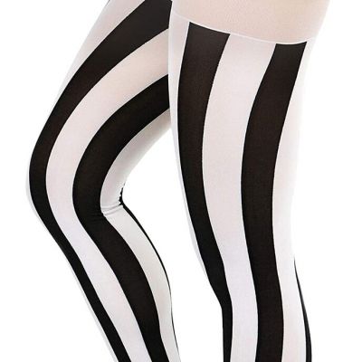 Women's Opaque Wide Vertical Stripes Full Footed Tights - Black And White