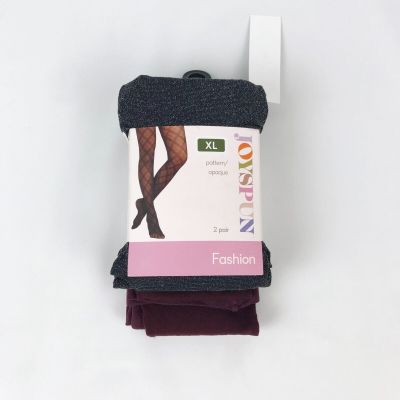 Joyspun Fashion Tights XL 2 Pair - Black Shimmer and Opaque Plum