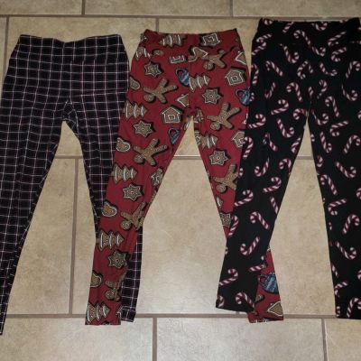 3pc Lot Of LuLaRoe Leggings Pants OS One Size Christmas Candy Cane Plaid