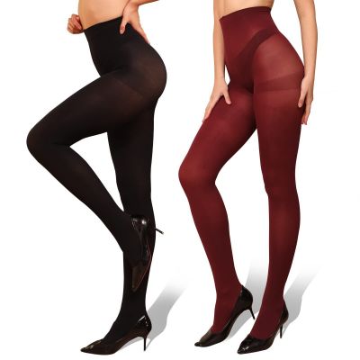 2 Pairs Pantyhose Opaque Tights 40D Resistant Control Top?Black+Wine redLarge