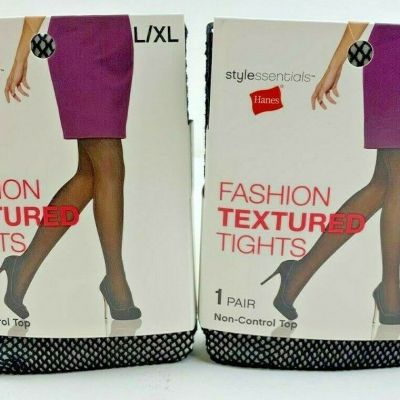 Hanes Style Essentials Fashion Textured Fishnet Tights Black 2 pr L/XL Halloween