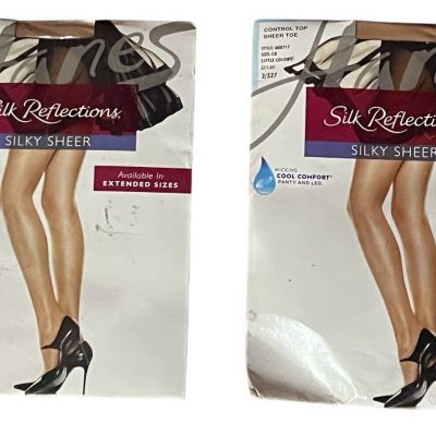 Two Hanes Silk Reflections Control Top Pantyhose w/ Sheer Toe size CD Nude - New