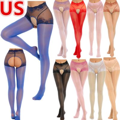 US Women Sheer Mesh See Through Pantyhose Floral Lace Patchwork Stocking Tights