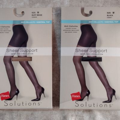 Hanes Solutions Sheer Support Pantyhose - Buff Beige & Black - Size: M - 2 Pairs