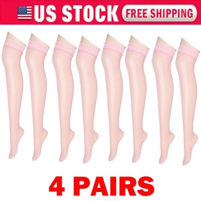 4Pair Pink Women Stockings Lace Mesh High Thigh Fishnet Sexy Long Pantyhose US