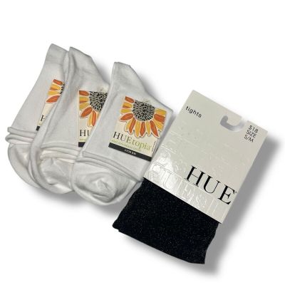 Huetopia Roll Top Shortie Socks 3 Pair White With Black Gold Metallic S/M Tight