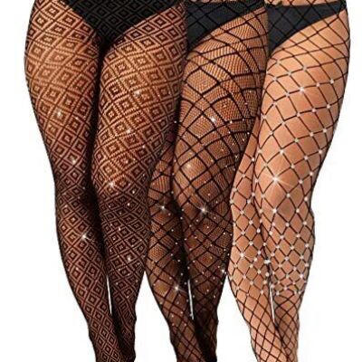 Geyoga 3 Pair Plus Size Fishnets Thigh High Stockings Women Sparkly 4X-Large