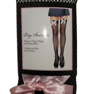 NEW Leg Avenue OSFM Black Fishnet Thigh High Stockings w/ Pink Bows Coquette