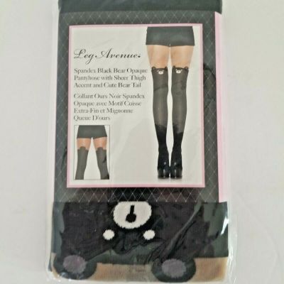 Opaque Pantyhose Tights With Sheer Thigh Accent Cute Black Bear- Leg Avenue 7937