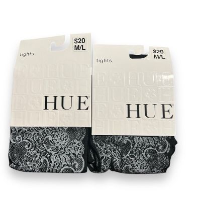 2 Pairs Of Hue Womens Printed Lace Floral Design Tights Black Gray M/L