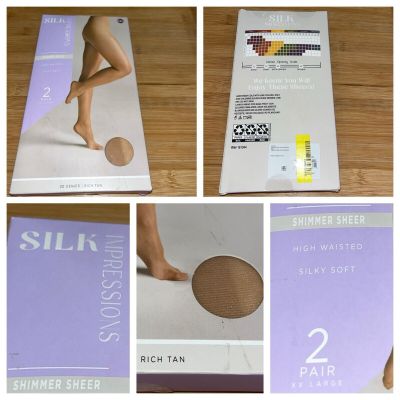 NEW Silk Impressions Pantyhose XXL Rich Tan 2-Pack Shimmer Sheer High Waisted