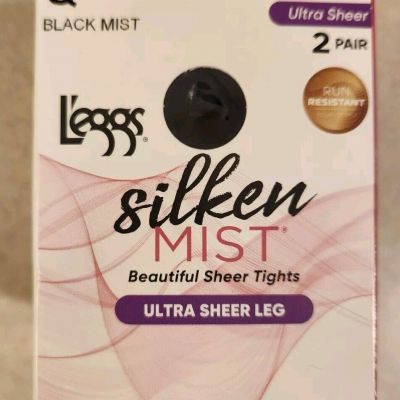 Leggs Silken Mist 2 PAIRS Ultra Sheer Leg Tights Q BLACK MIST Control Top 97699