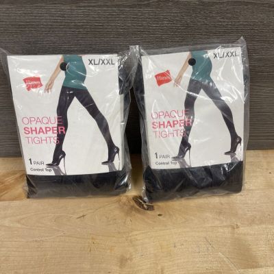 2 Pair Hanes Q02088 Control Top Opaque Shaper Tights, Black Size XL/XXL New