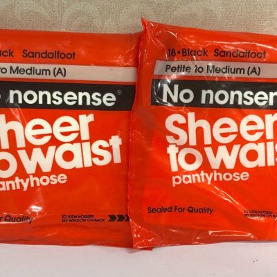 Two Pair Black Sandlefoot No Nonsense Sheer To Waist Nylons Petite to Medium