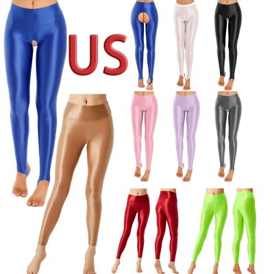 US Women's High Waisted Yoga Pants Tummy Control Oil Shiny Sports Tights Workout