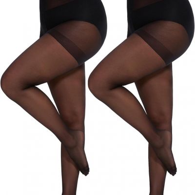 Citystl 2 Pairs Plus Size Sheer Tights for Women - 20D Black Tights Control Top