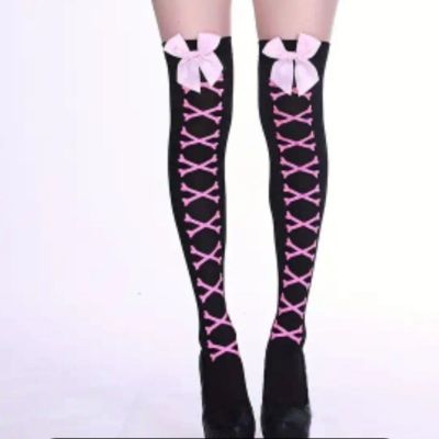 Thigh High Stockings Black with Pink bow, bones Goth Cosplay Hosiery NWT PUNK